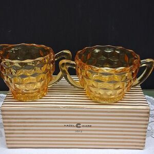Vintage amber glass creamer and sugar set -cubist depression glass
